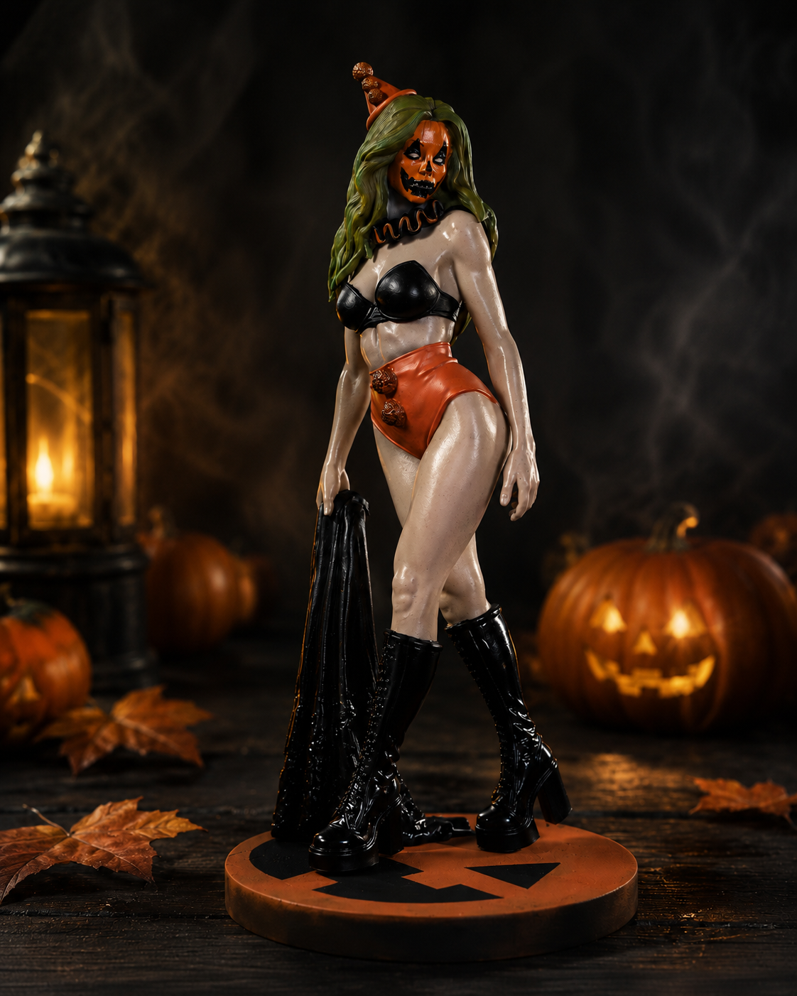 A Halloween-themed female figurine stands on a round base in a dark, atmospheric setting with lit pumpkins, autumn leaves, and a lantern in the background. The figurine has pale skin, green hair, an orange pumpkin face, and wears a black bra top, orange shorts, and black thigh-high boots.