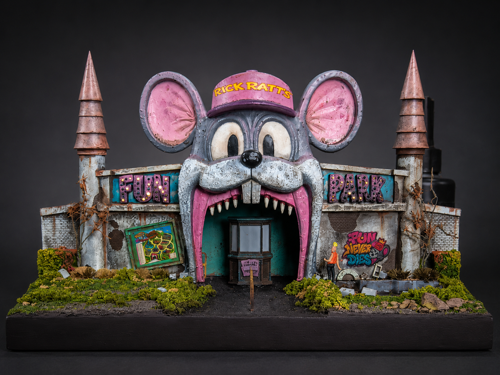 Rick Ratt’s Fun Park abandoned amusement park entrance miniature diorama by Cremated Plastic Toys