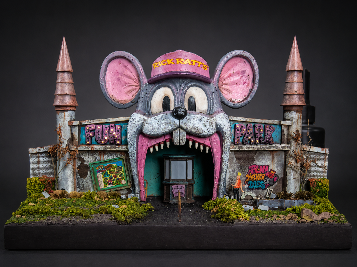 Rick Ratt’s Fun Park abandoned amusement park entrance miniature diorama by Cremated Plastic Toys