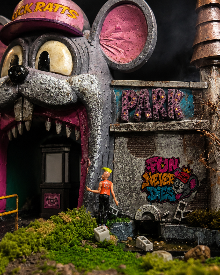 Close-up of the weathered rat-head entrance and detailed abandoned scenery on the Rick Ratt’s Fun Park diorama