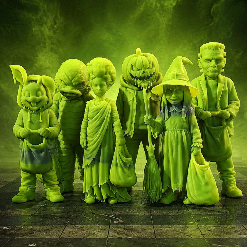 A group of small Halloween figurines or dolls dressed as monsters, ghosts, pumpkins, and a witch, posed together on a dark floor with green mist and green lighting in the background.