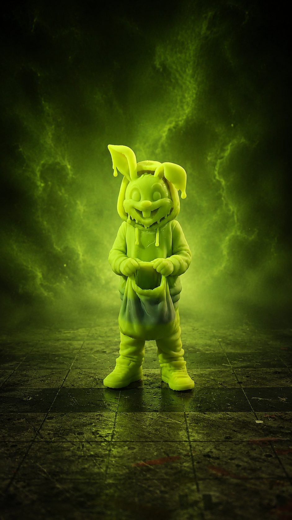 A green, glowing, and dripping horror bunny figure standing on a dark tiled floor against a smoky, green-lit background.