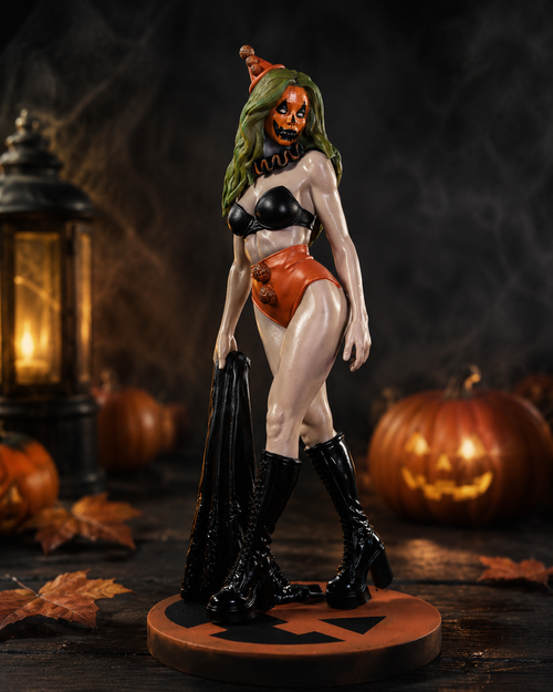 A Halloween-themed female figurine posed on a round display base, wearing a black bra and shorts with orange trim, green hair, and black boots. The scene is styled with pumpkins, autumn leaves, and a lantern against a dark smoky background.