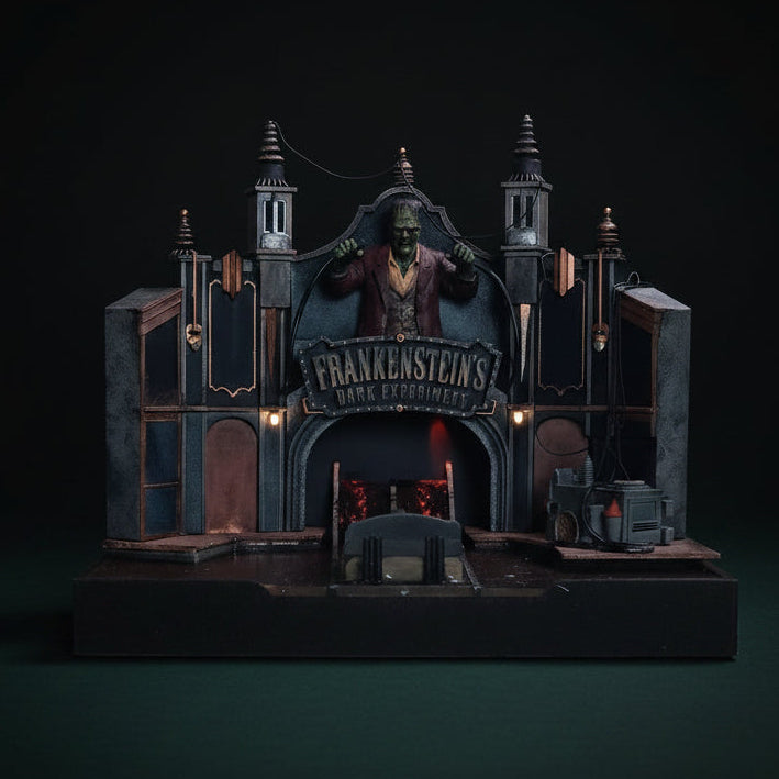 A miniature gothic fantasy diorama model of 'The Frankenstein's Dark Experiment' with a dark gothic facade, small towers, and tiny lights.