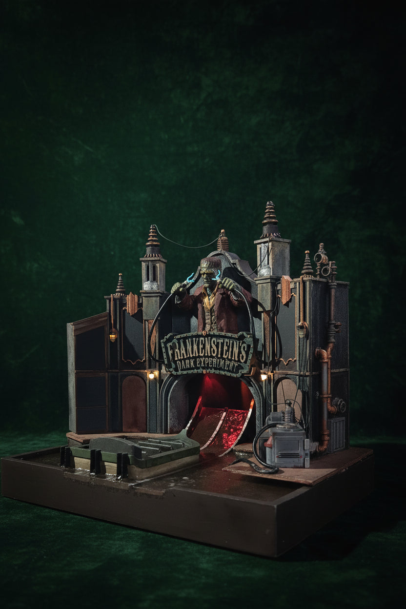 A miniature tabletop diorama of 'Frankenstein's Dark Experiment' featuring a gothic lab backdrop, a small figure, and a dark metallic apparatus in the foreground on a tabletop.