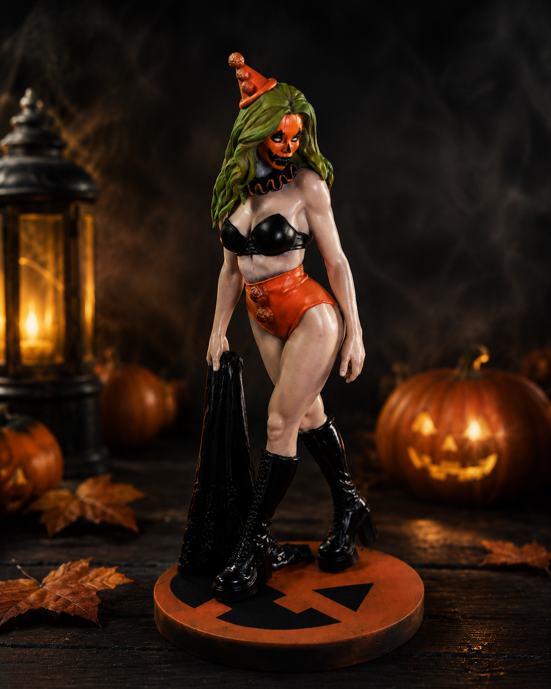 A Halloween-themed female figurine stands on a round pumpkin-patterned base, wearing a black bra top, orange shorts, black boots, and a green wig with an orange witch hat. The scene is styled with pumpkins, autumn leaves, and a lantern against a dark smoky background.