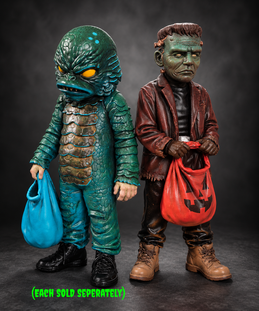 Two Halloween costume figurines posed side by side on a dark studio background. The left figure is a green scaly creature with yellow eyes holding a blue bag, and the right figure is a green-faced man in a brown jacket holding a red jack-o'-lantern bag.