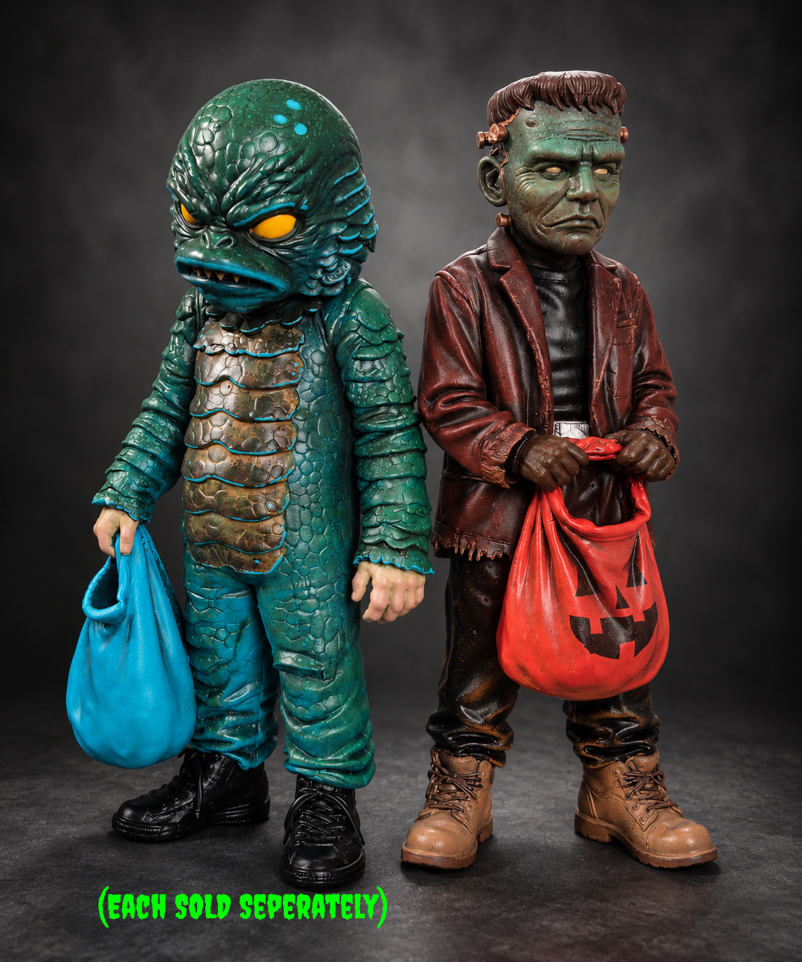 Two Halloween costume figurines posed side by side on a dark studio background. The left figure is a green scaly creature with yellow eyes holding a blue bag, and the right figure is a green-faced man in a brown jacket holding a red jack-o'-lantern bag.